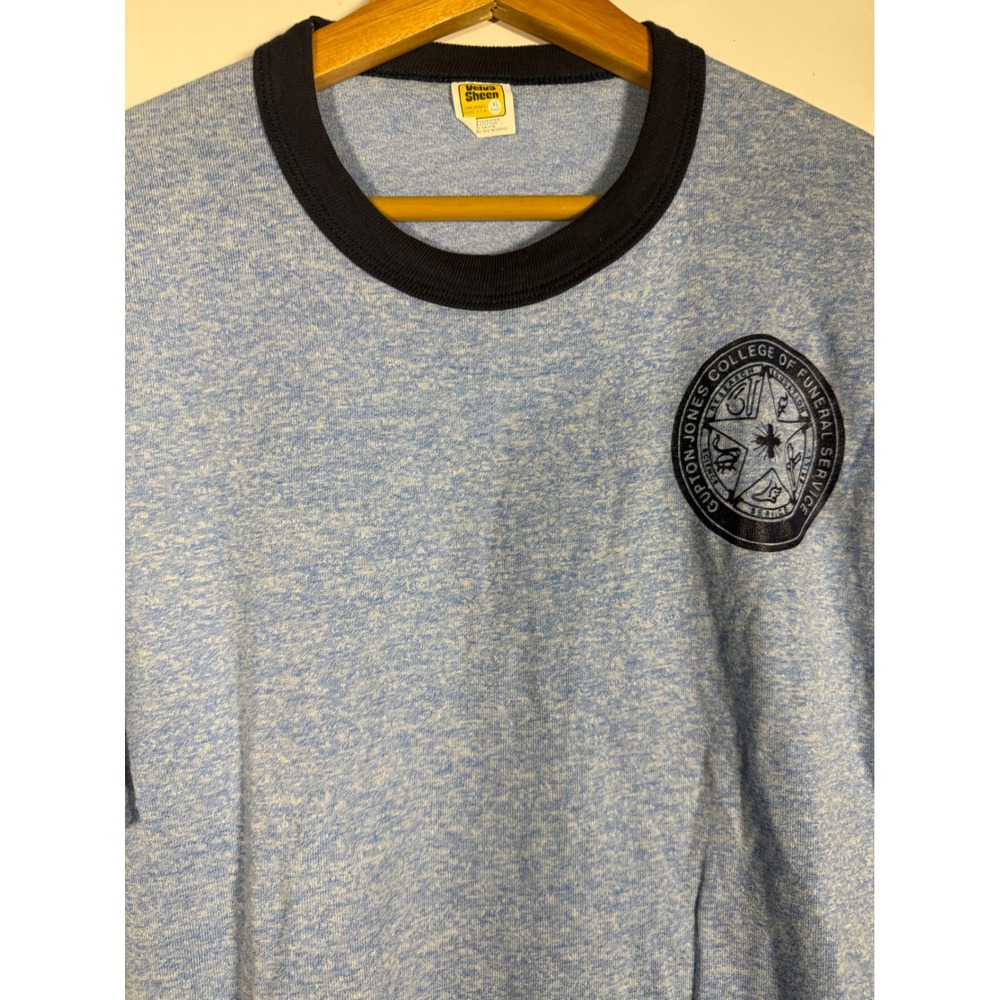Vintage Velva Sheen Gupton-Jones College of Funeral Ringer Tee XL Blue 70s